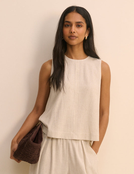 Stone linen blend swing top.