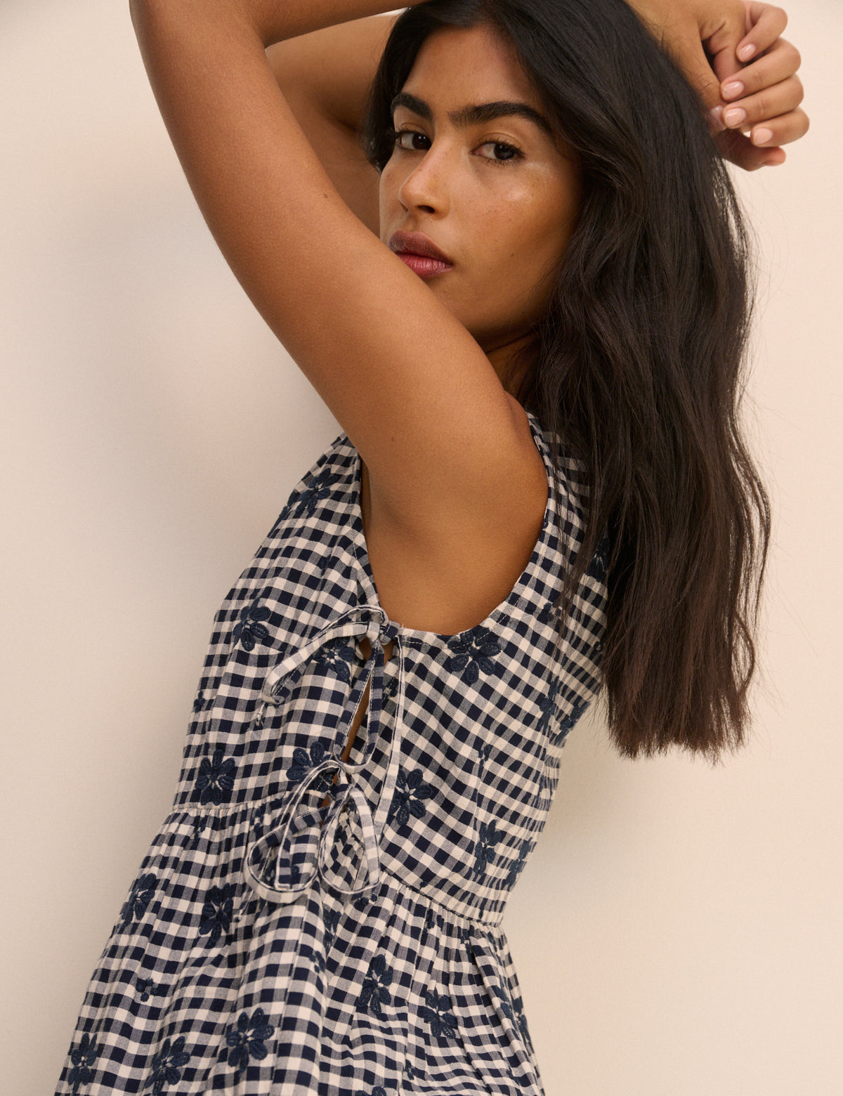 Navy gingham tie-side top.