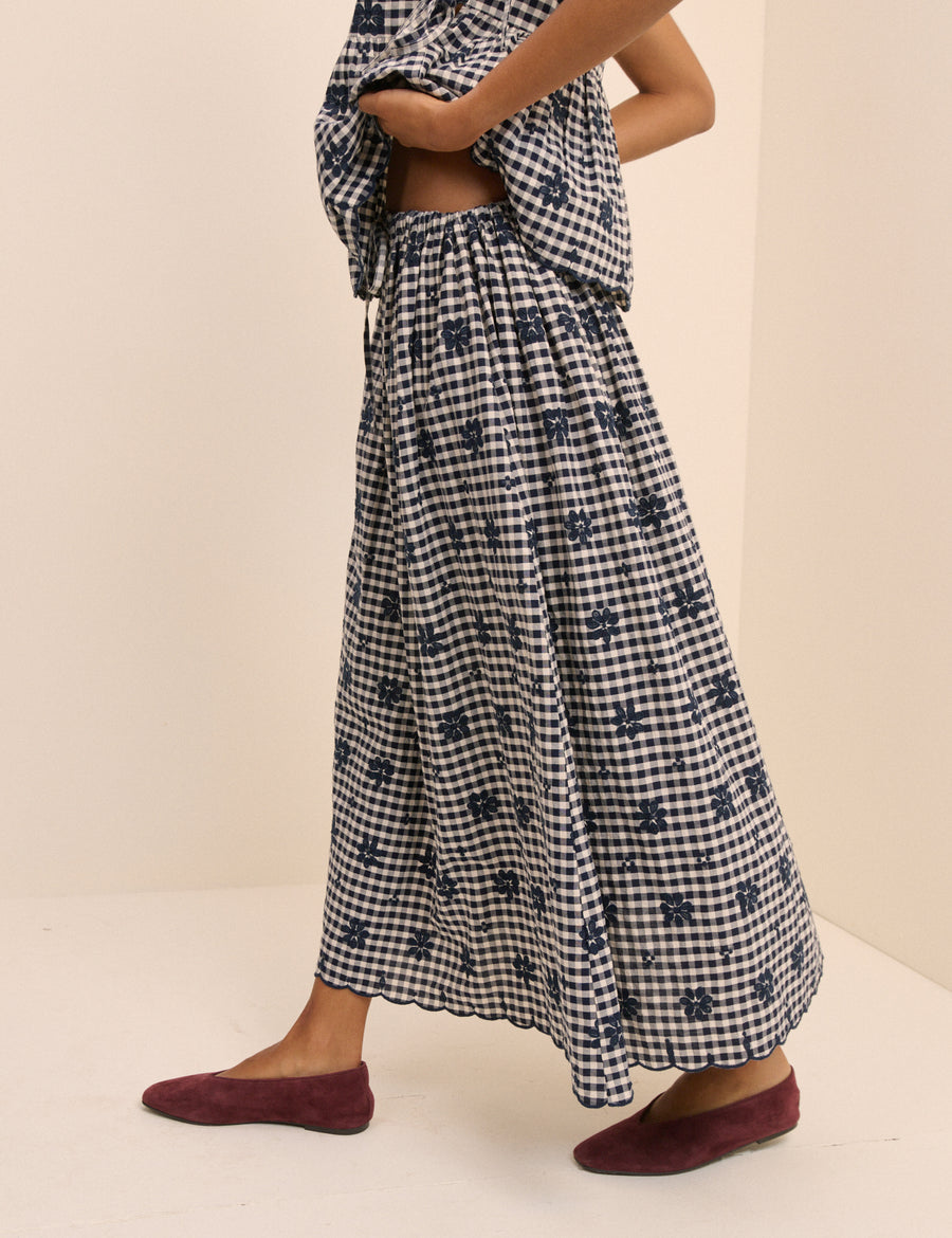 Navy gingham skirt.
