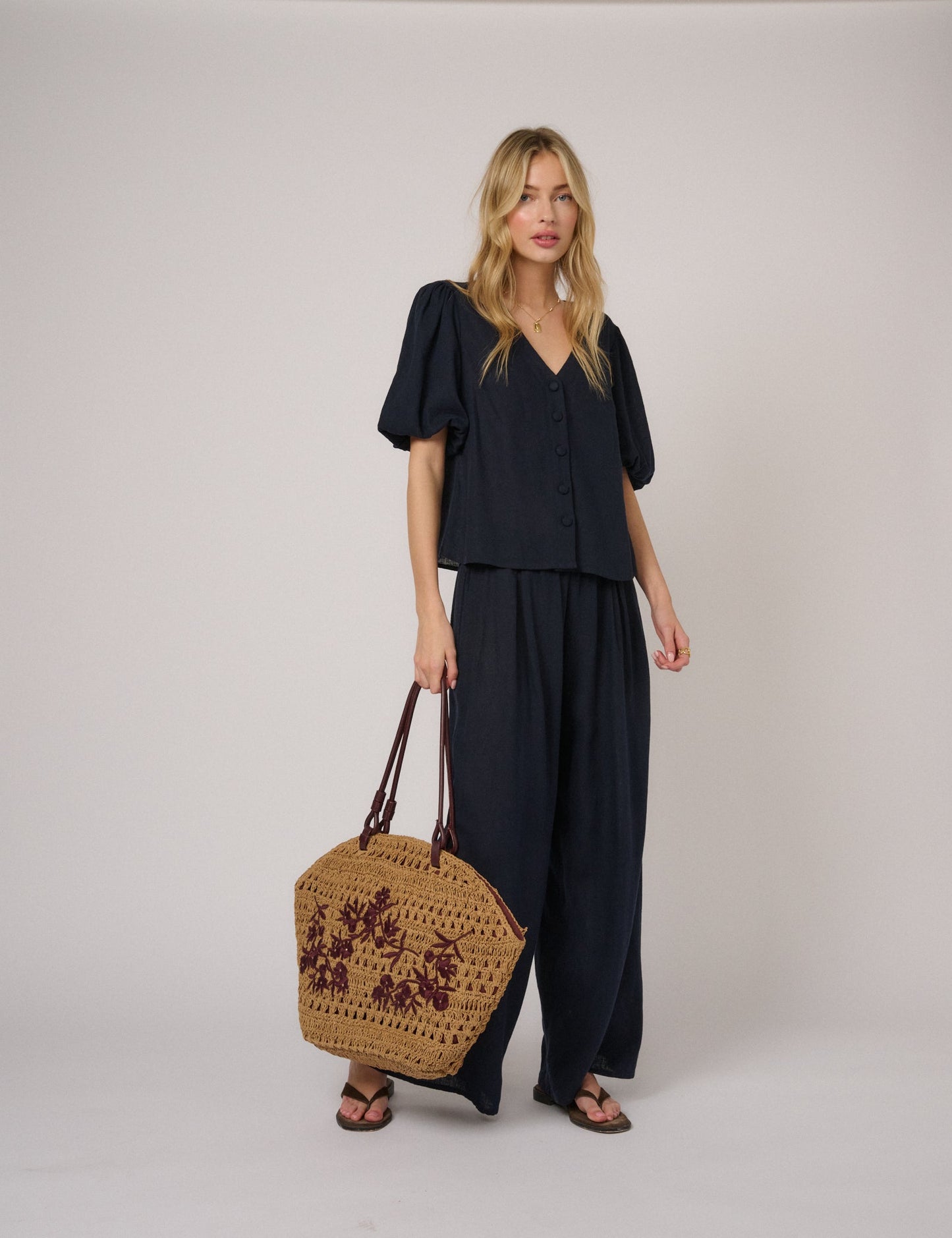Navy Linen-Blend Puff Sleeve Top
