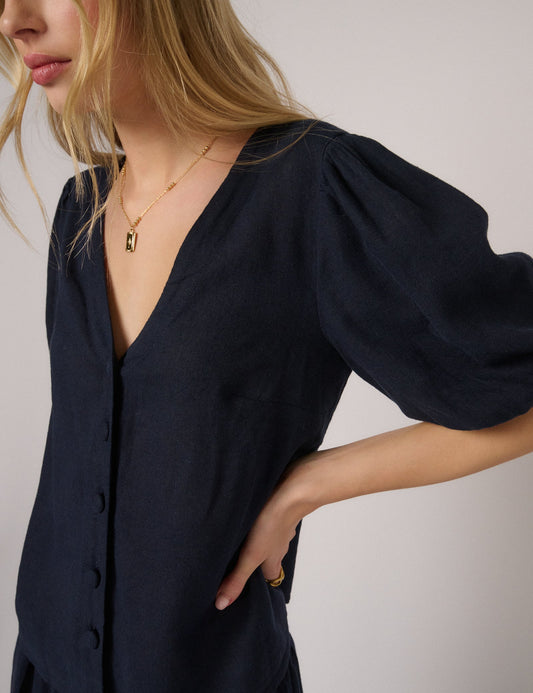 Navy blue linen puff sleeve top.