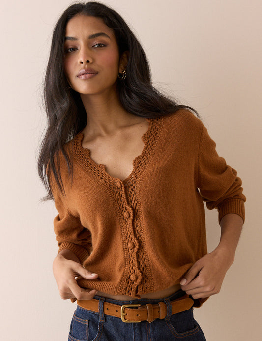 A woman wearing a warm brown knit cardigan sweater with a scalloped lace V-neck and button-front detail, paired with blue jeans and a brown belt, against a solid beige background.