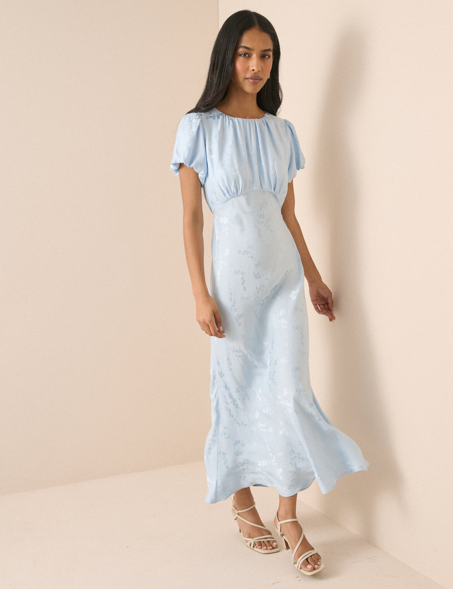 Ice blue jacquard floral midi dress.