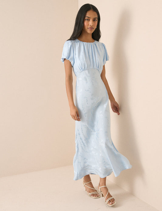 Ice blue jacquard floral midi dress.