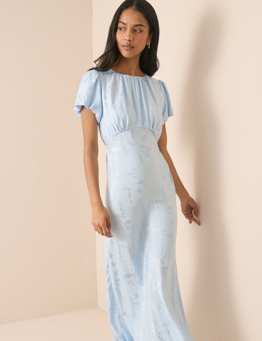 Light Blue Jacquard Florals Sicily Midi Dress