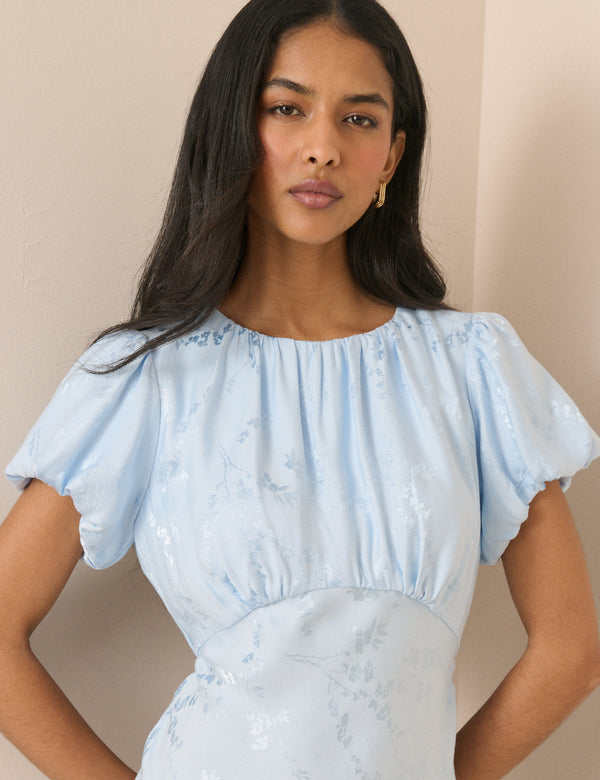 Light Blue Jacquard Florals Sicily Midi Dress