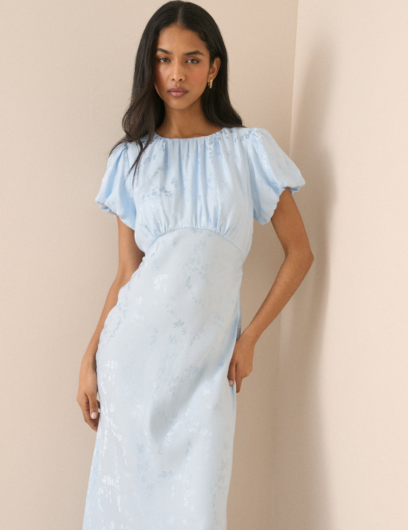 Light Blue Jacquard Florals Sicily Midi Dress