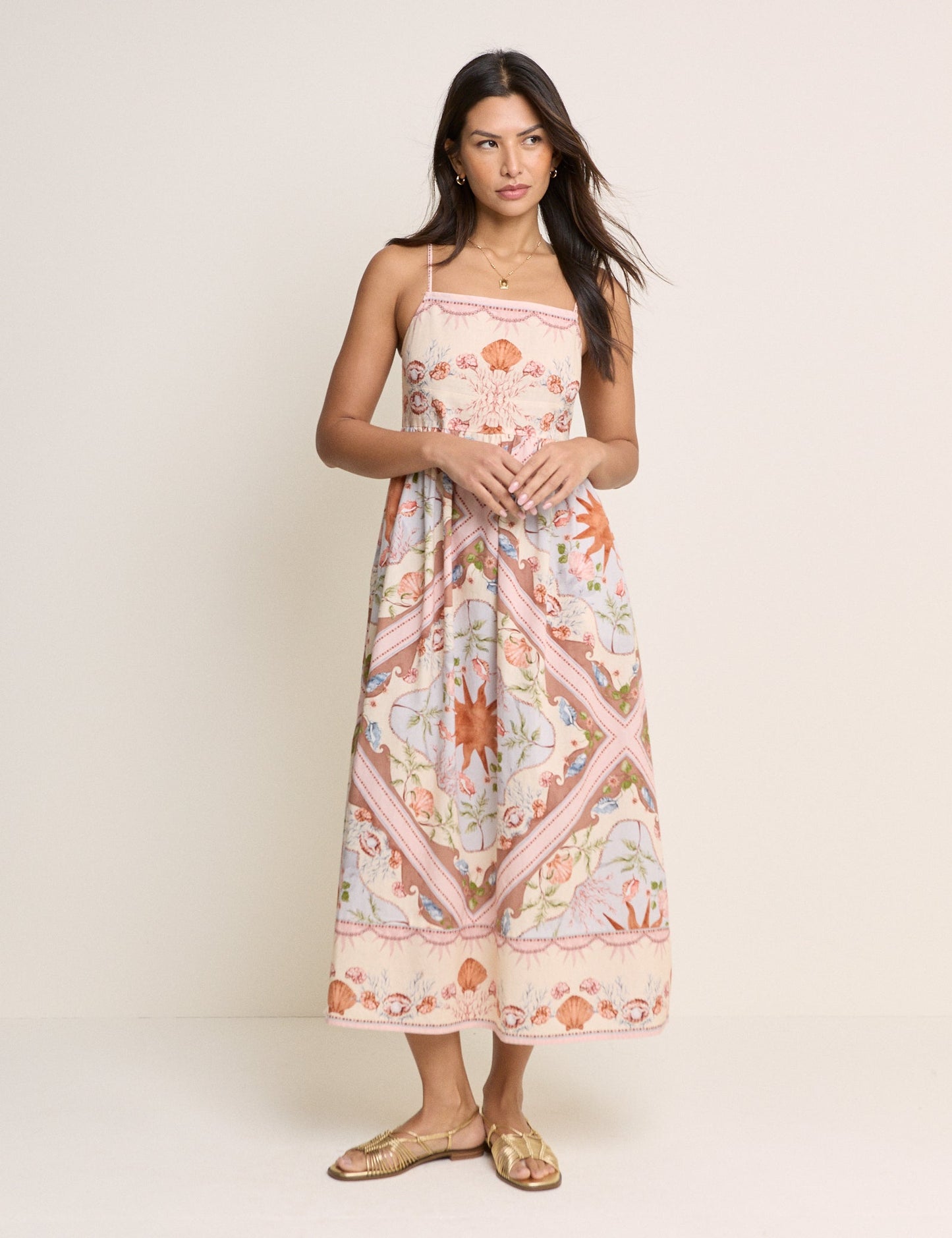 Peach beach print organic cotton midi dress.