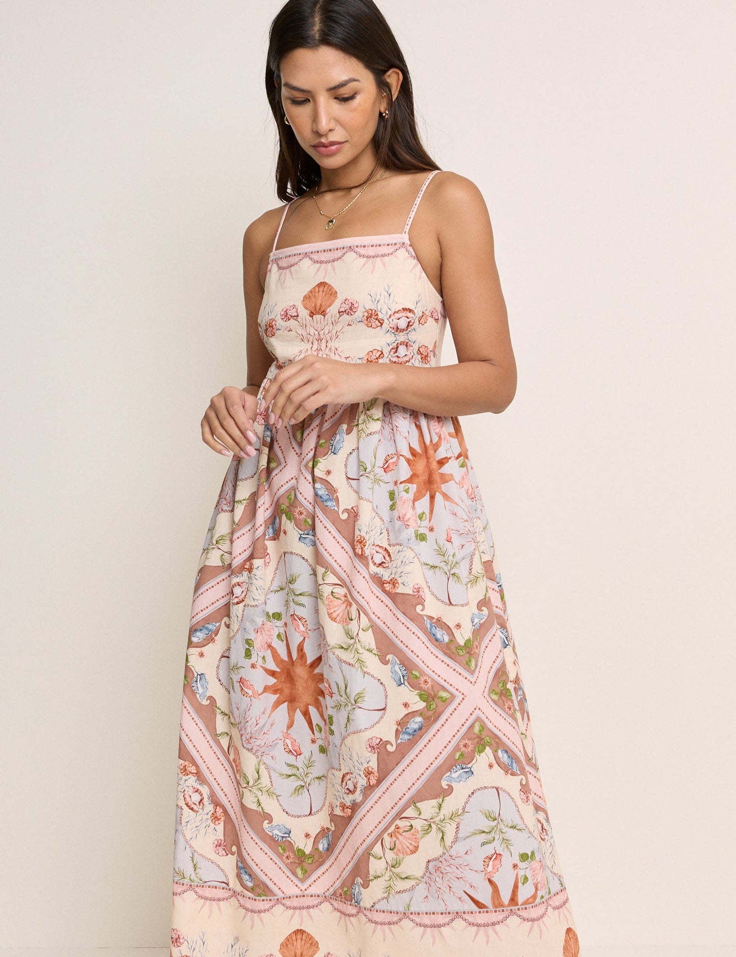 Peach Tile Print Athena Strappy Midi Dress