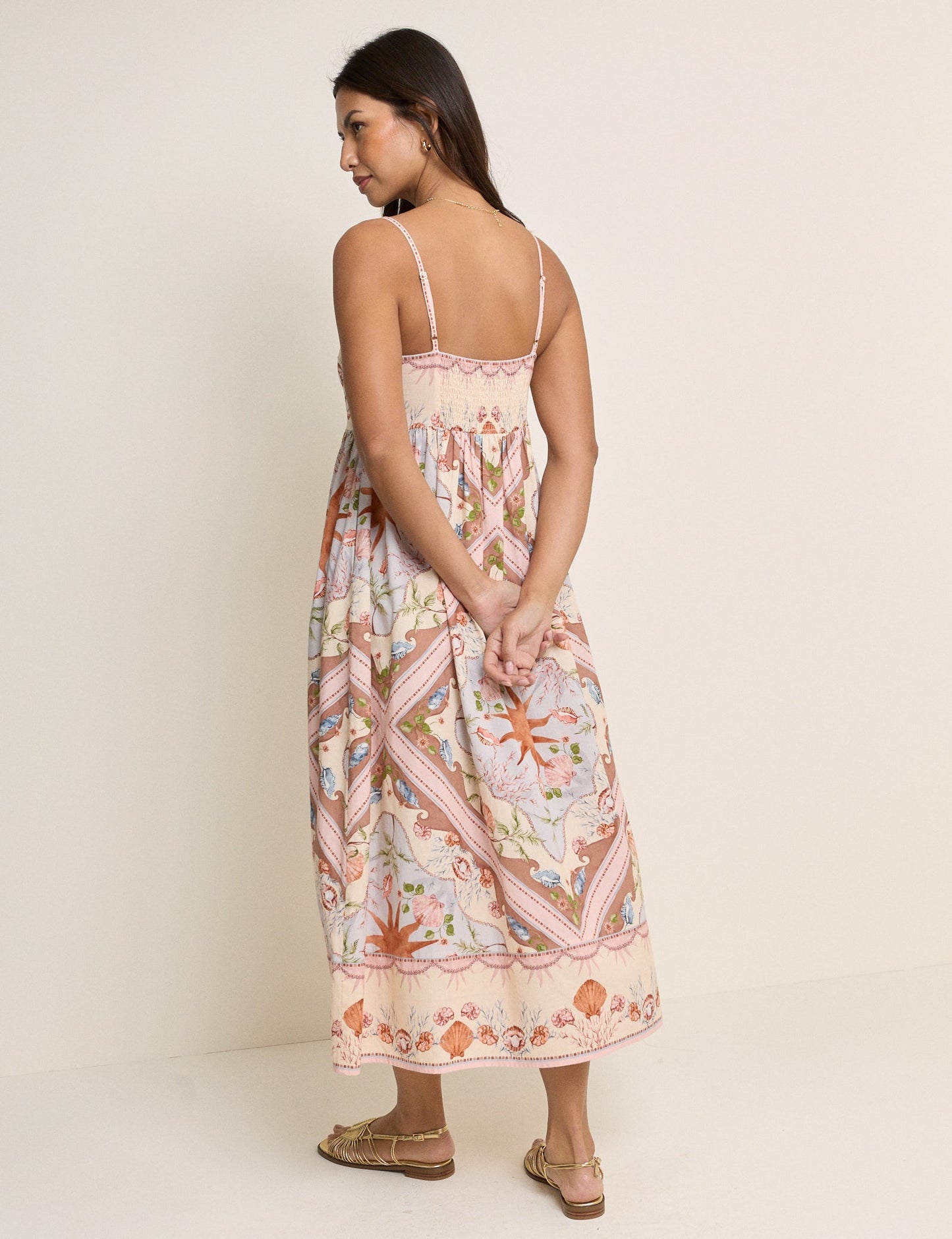 Peach Tile Print Athena Strappy Midi Dress