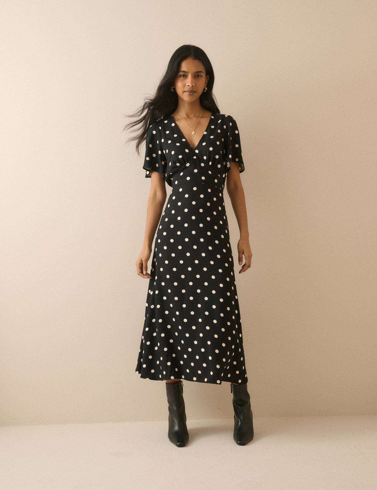 Black Polka Dot Atlas Midi Dress
