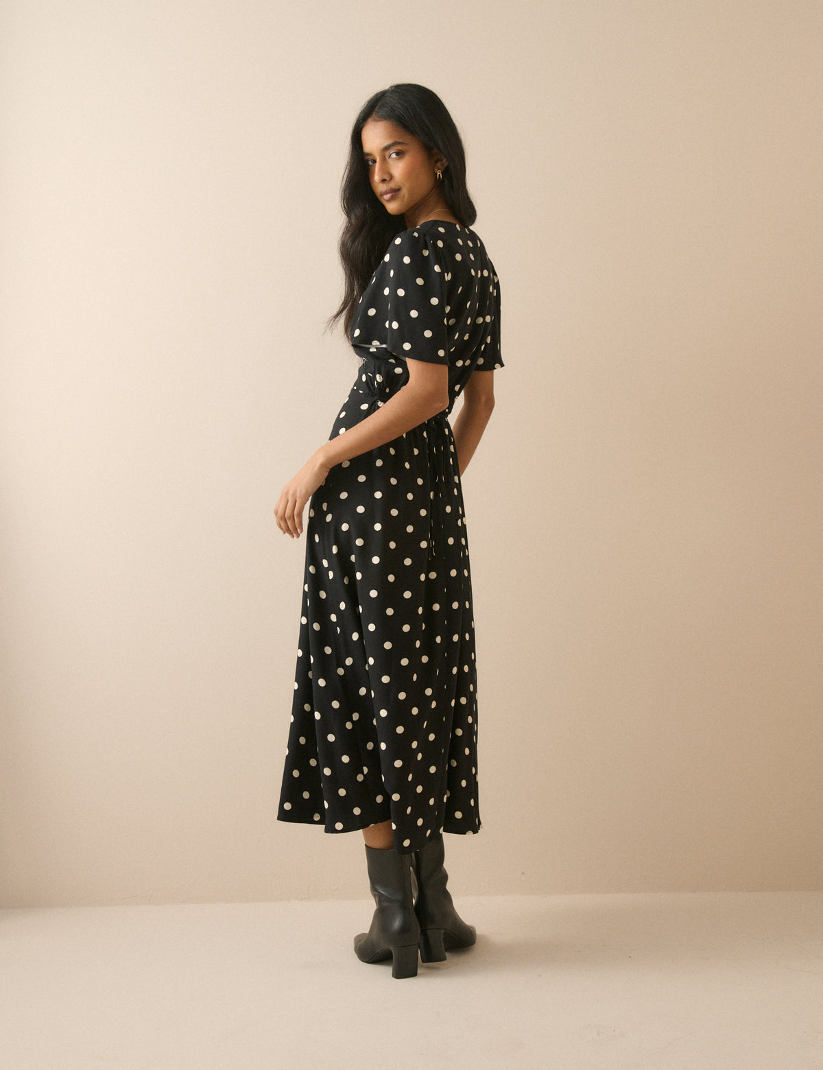Black Polka Dot Atlas Midi Dress