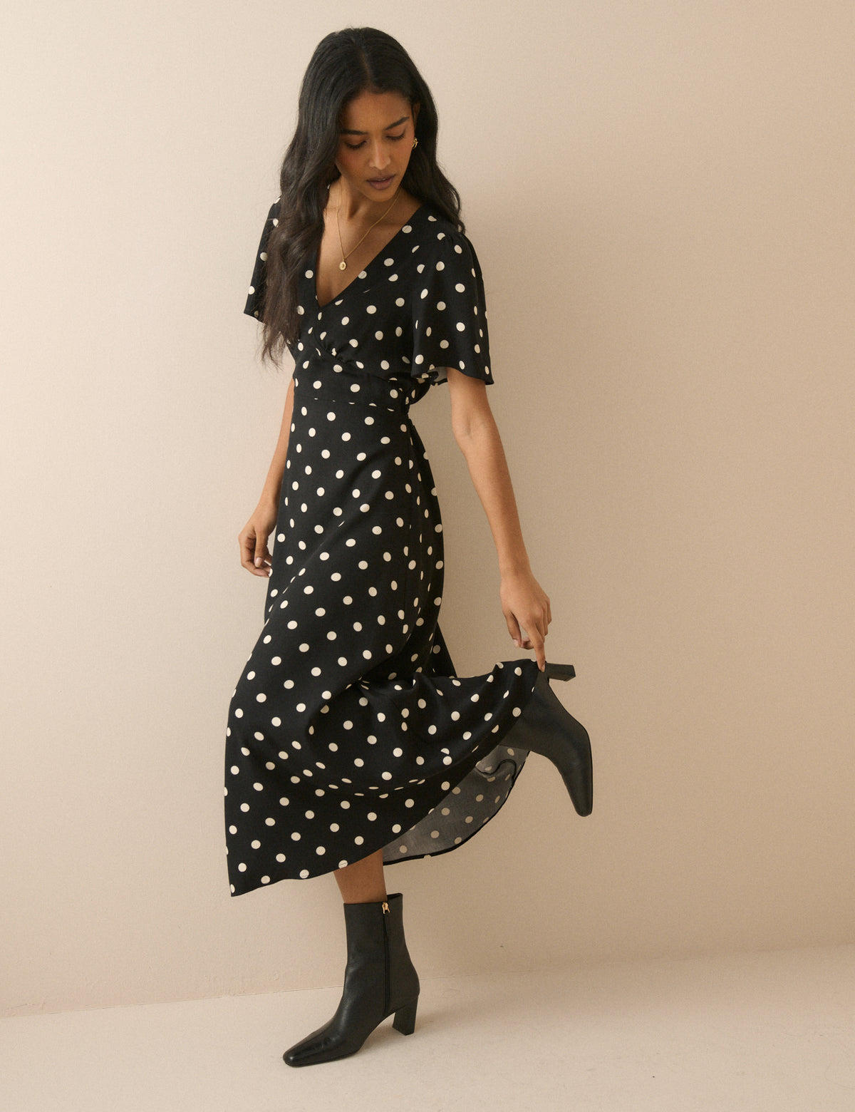 Black Polka Dot Atlas Midi Dress