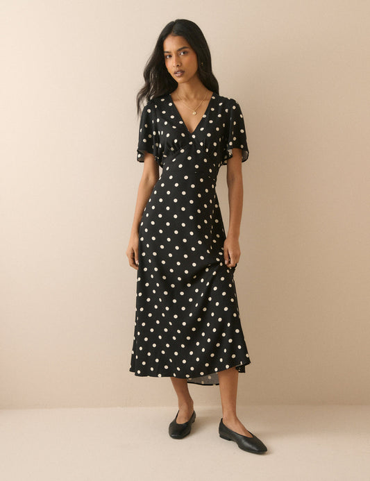 Black and white polka dot midi dress.