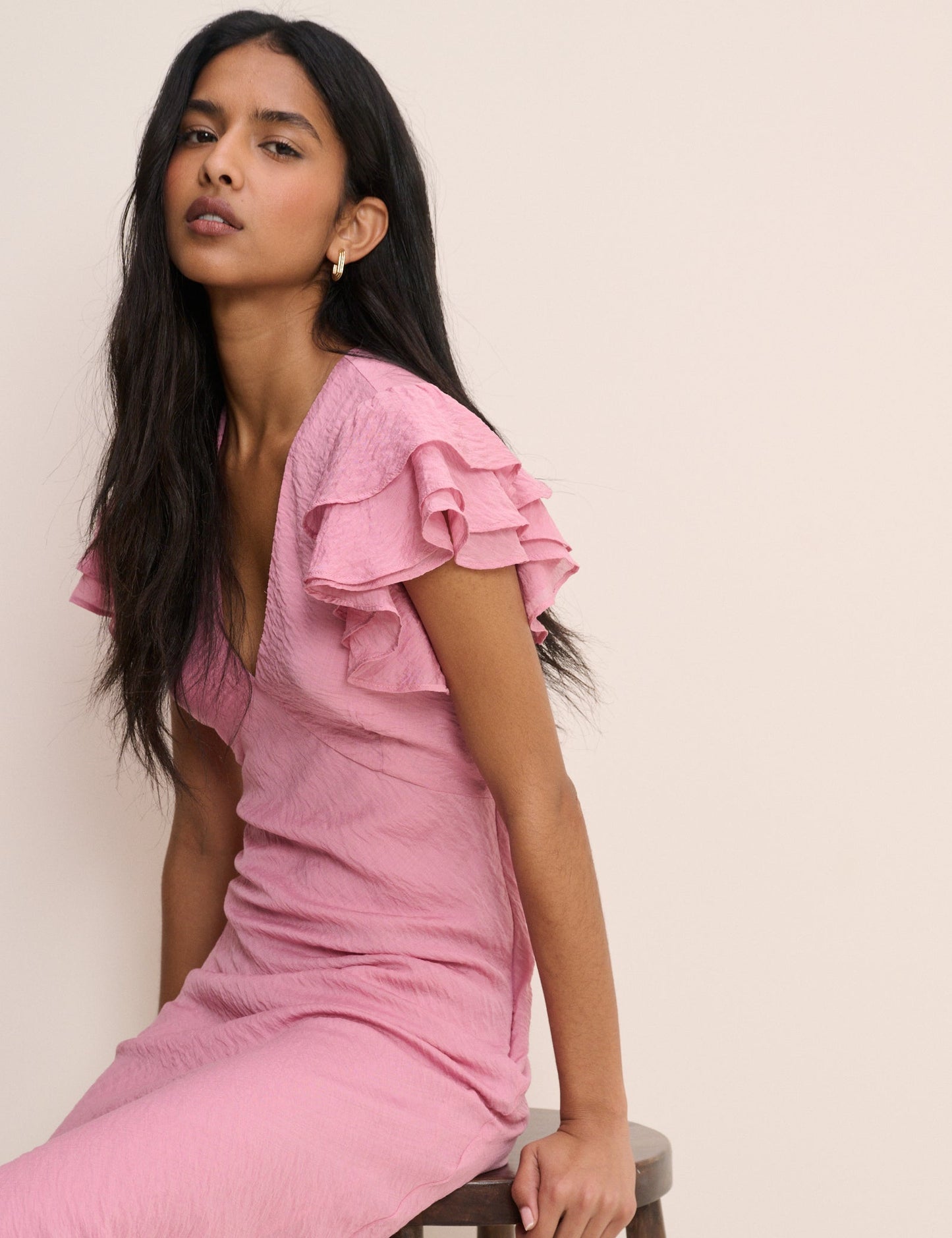 Powder Pink Frill Sleeve Layla Midi Dress