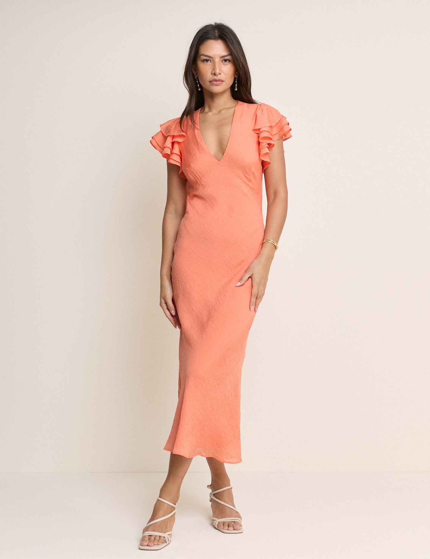 Coral frill sleeve midi dress.
