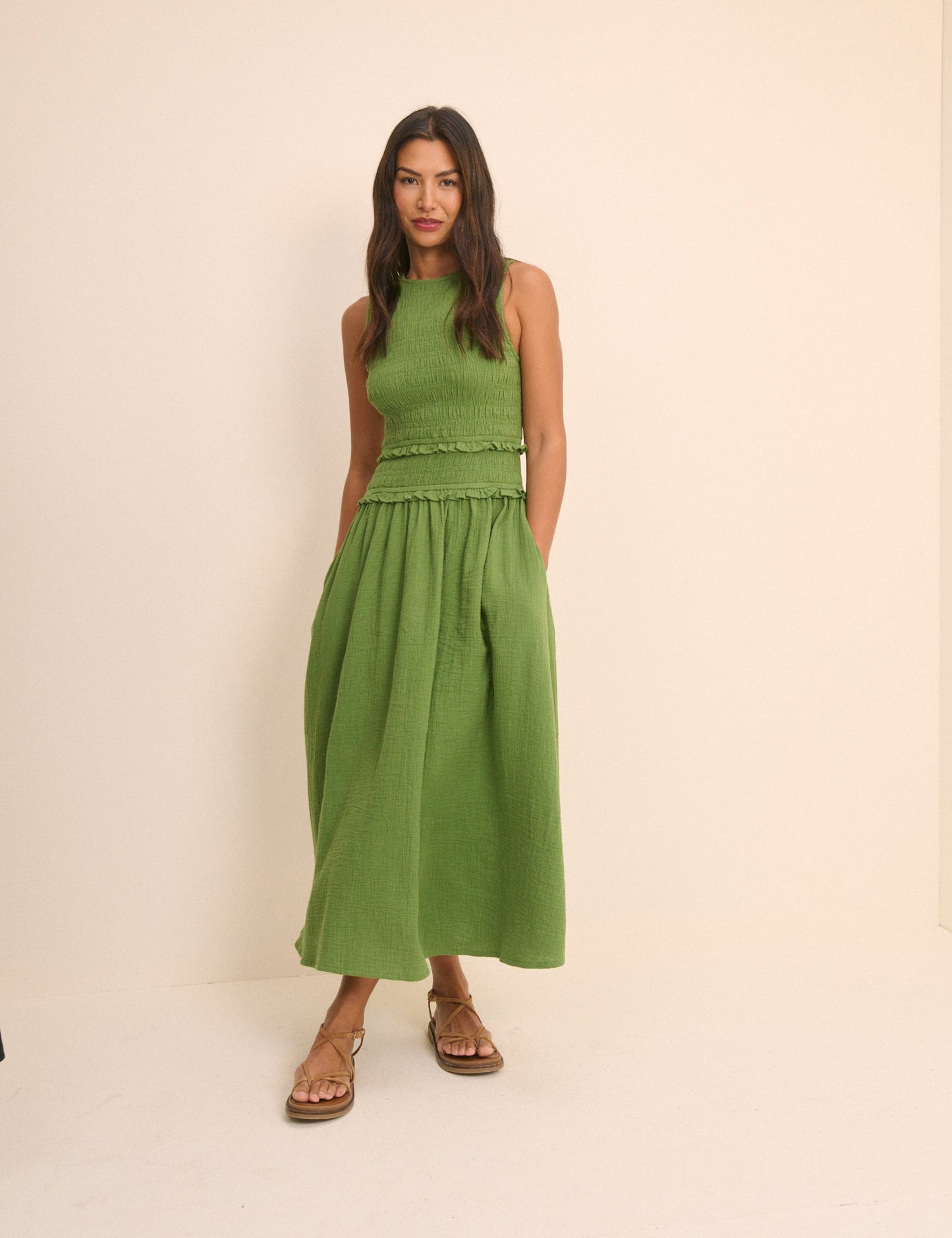 Leaf green shirred bodice cotton midi dress.