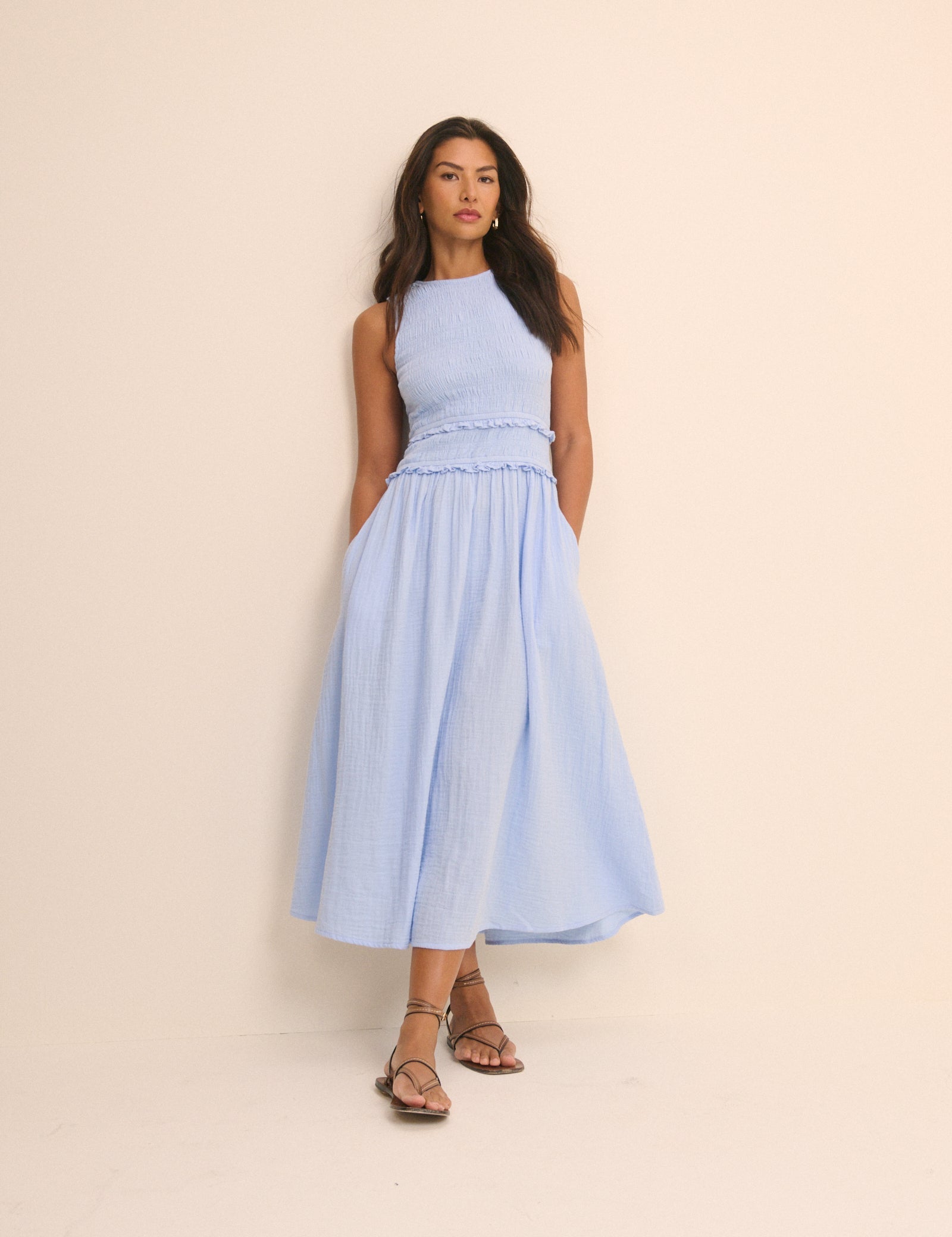 Baby blue shirred organic cotton gauze midi dress.