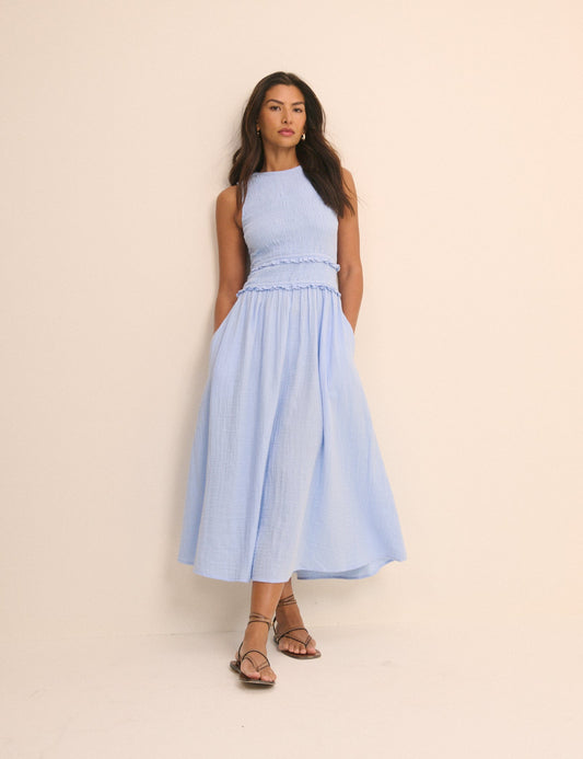 Baby blue shirred organic cotton gauze midi dress.