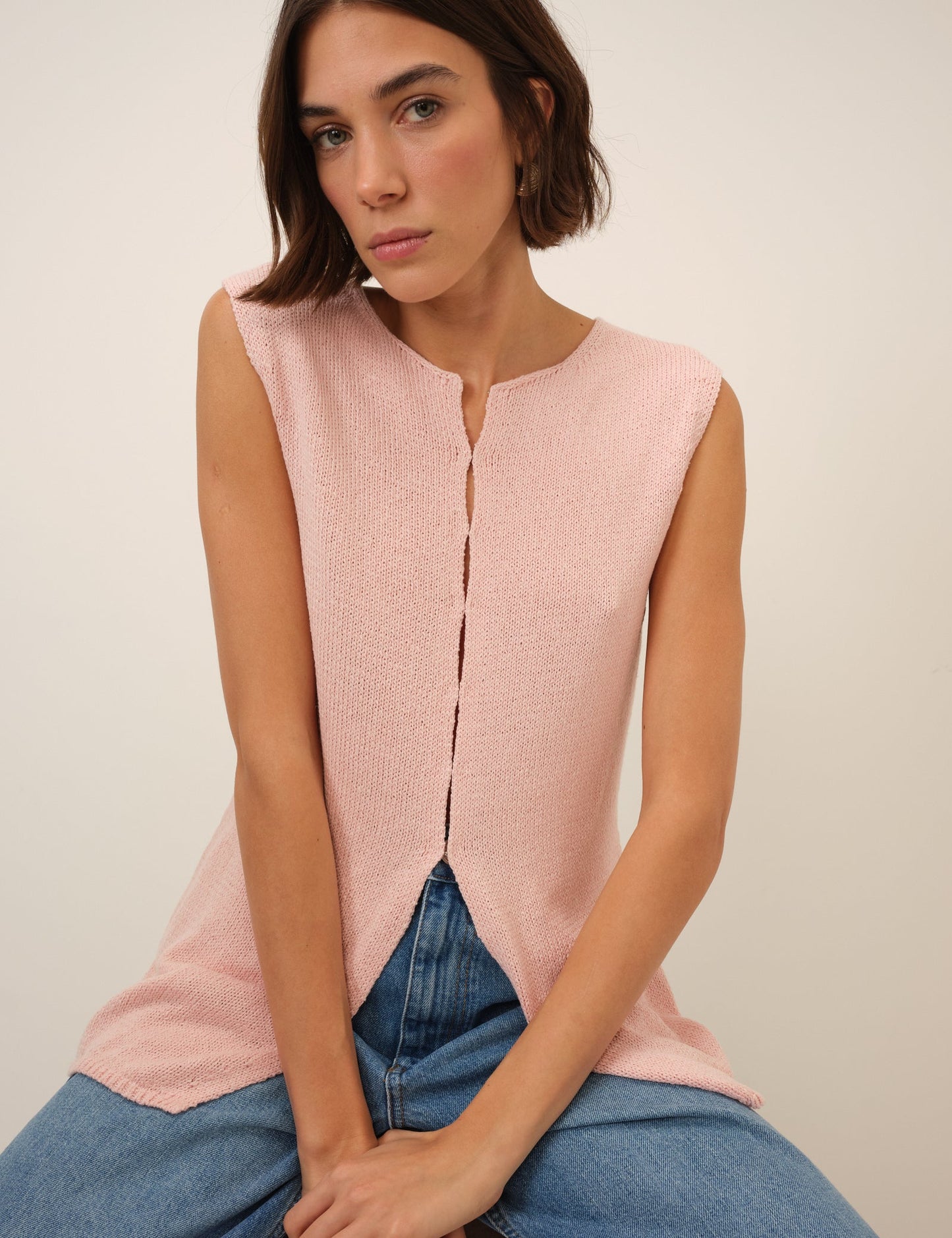 Pink Linen-Blend Sleeveless Knitted Top