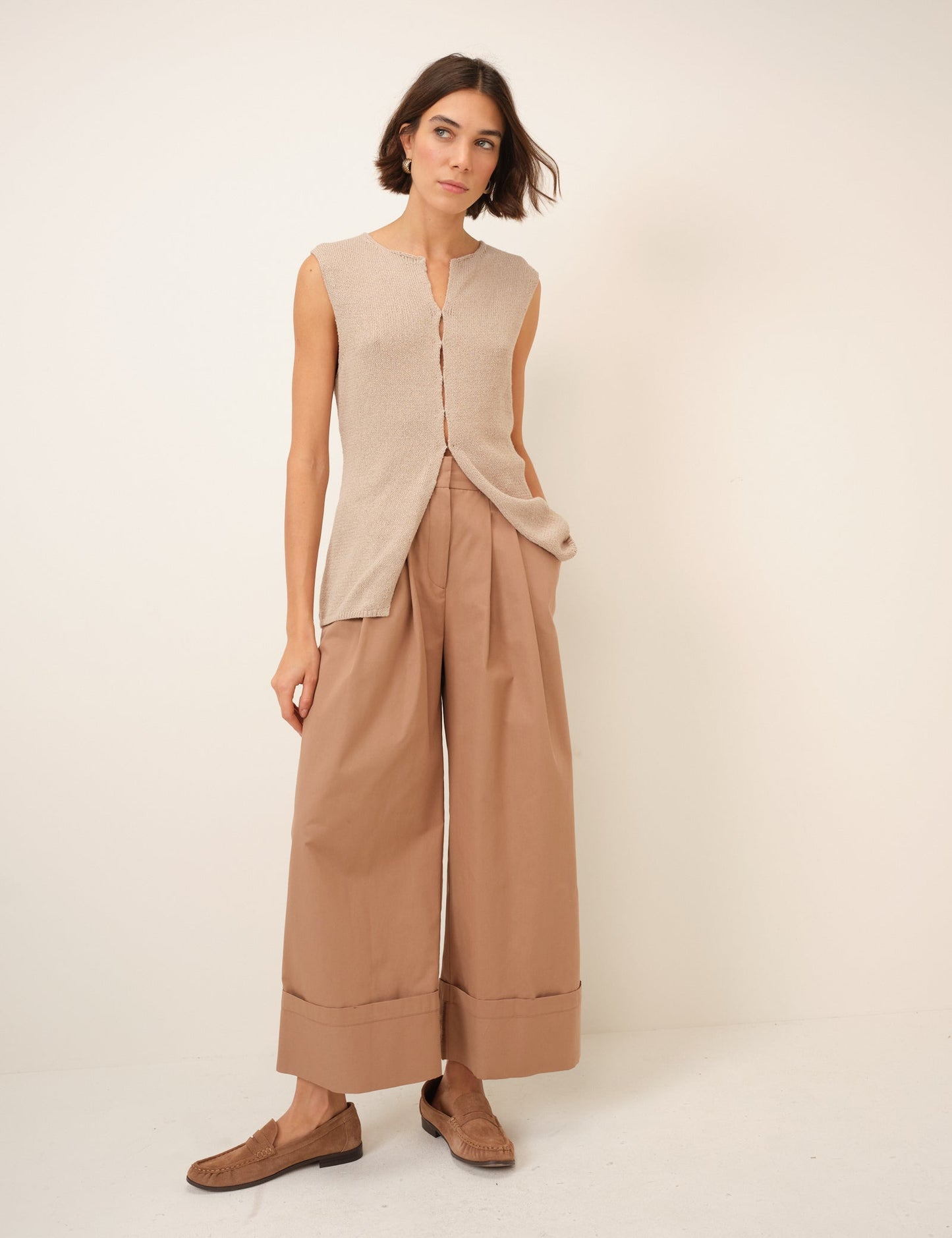 Sand Linen-Blend Sleeveless Knitted Top