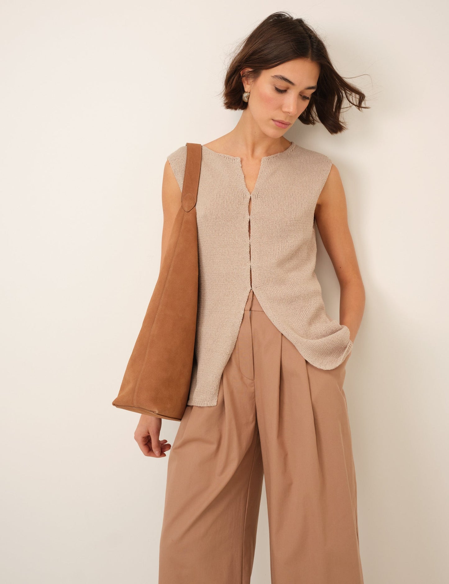 Sand Linen-Blend Sleeveless Knitted Top