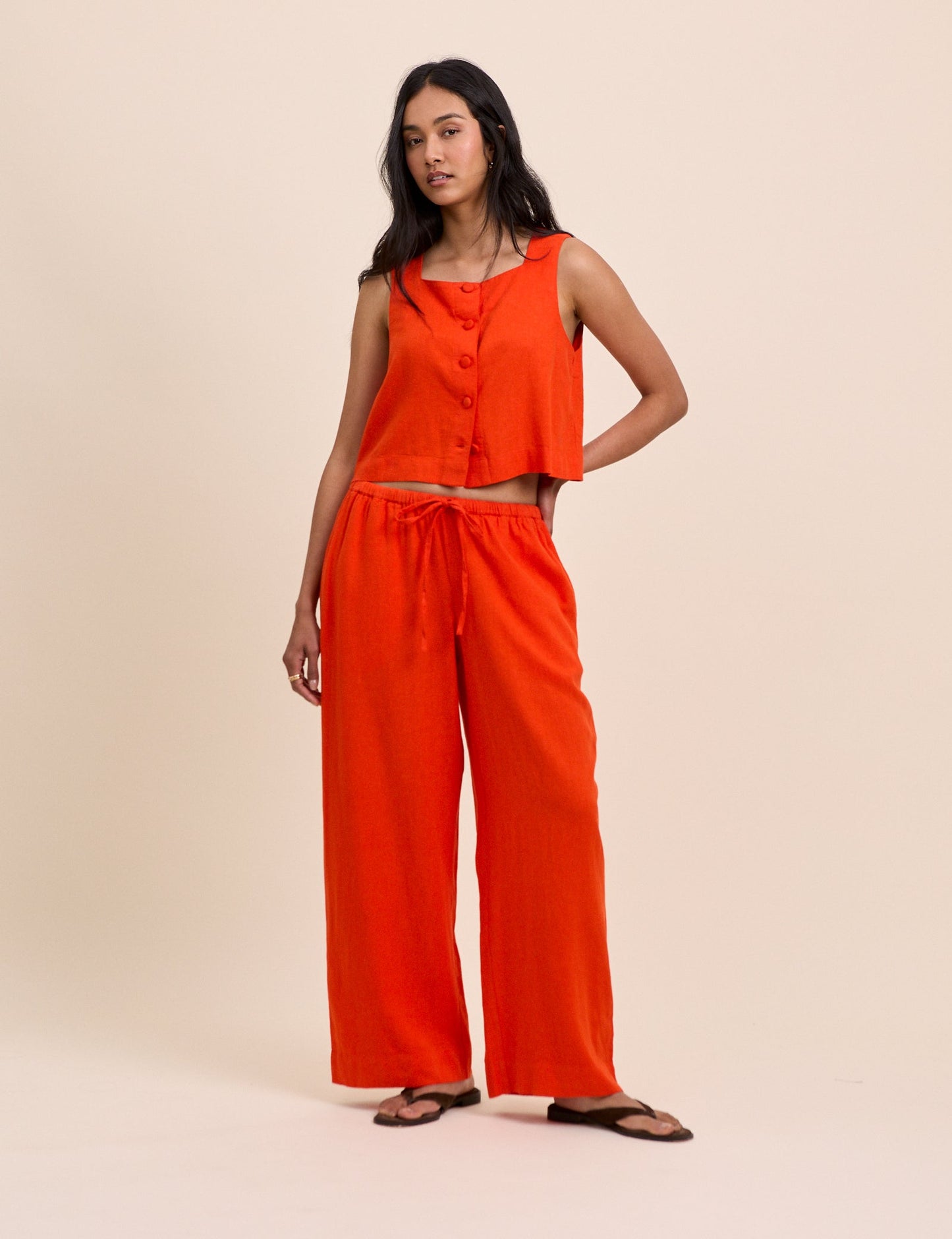 Orange Linen-Blend Low Waisted Straight Leg Trousers