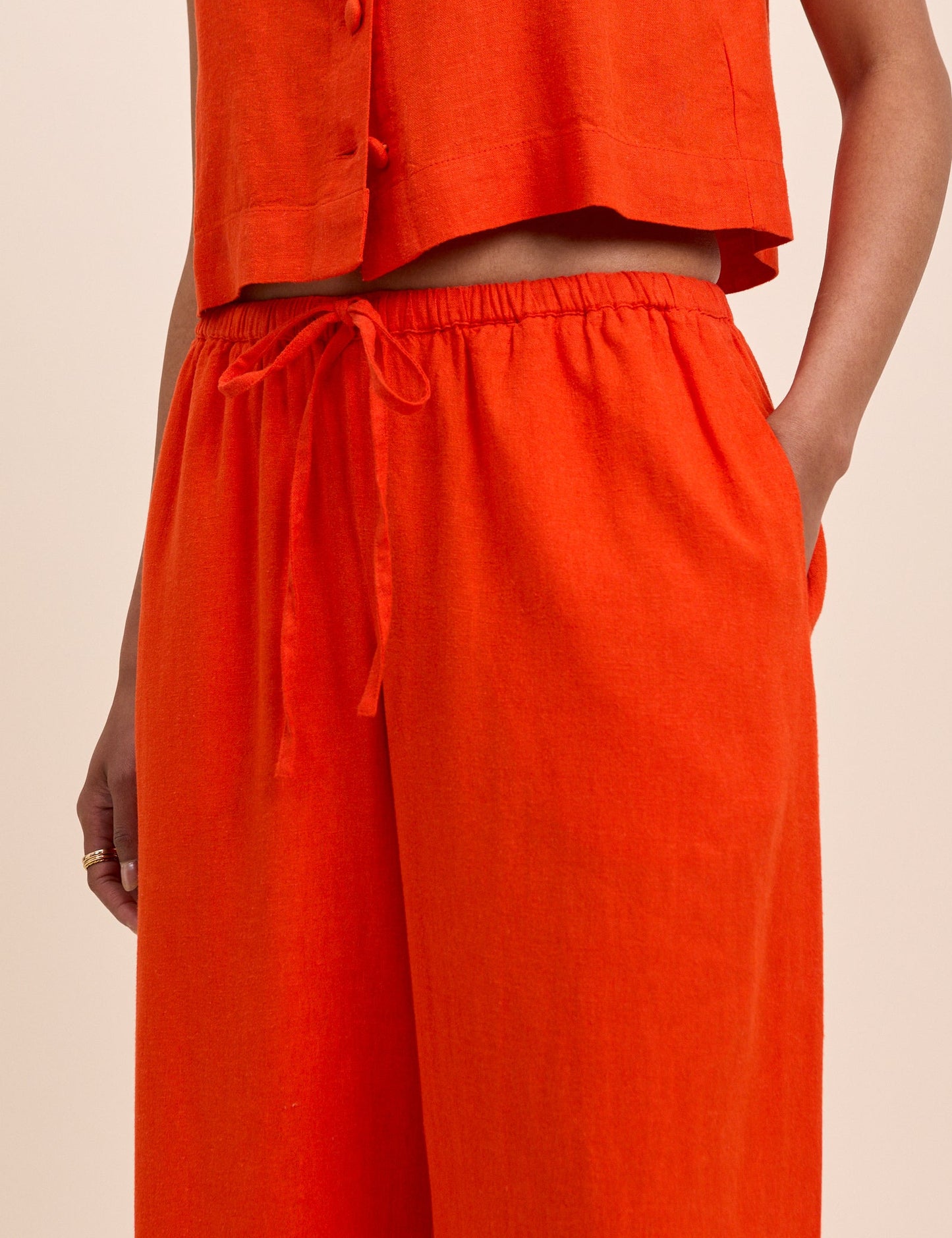 Orange Linen-Blend Low Waisted Straight Leg Trousers