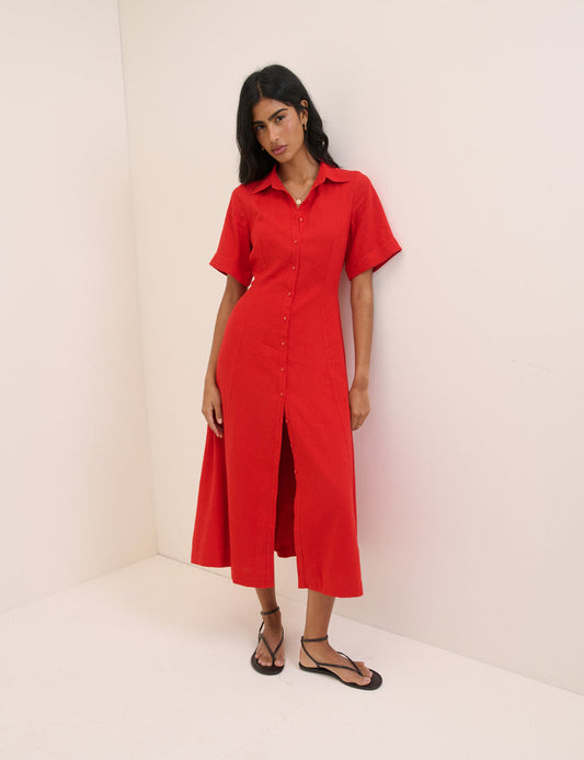 Red shirt dress in linen-blend fabric.