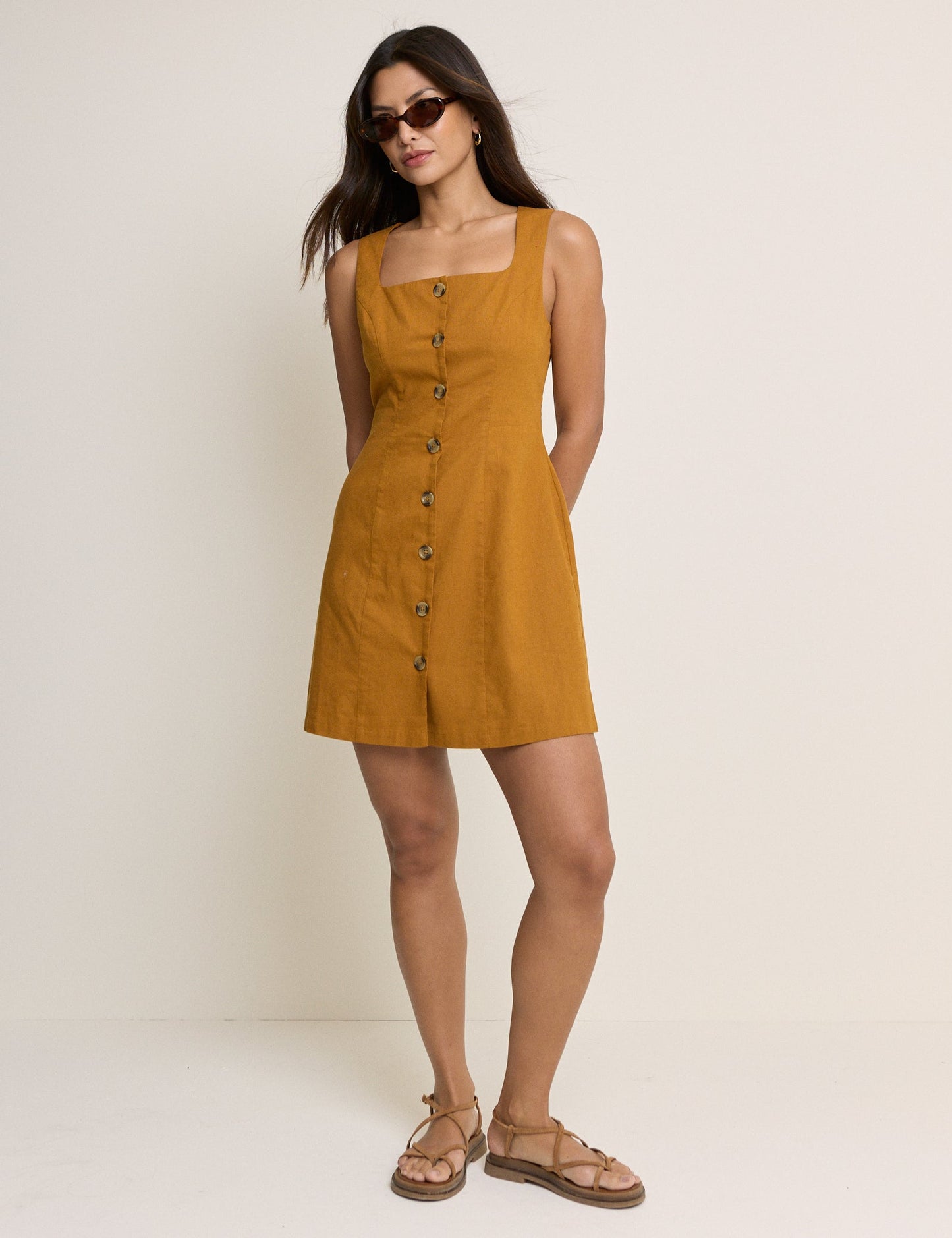 Mustard linen blend mini shift dress.