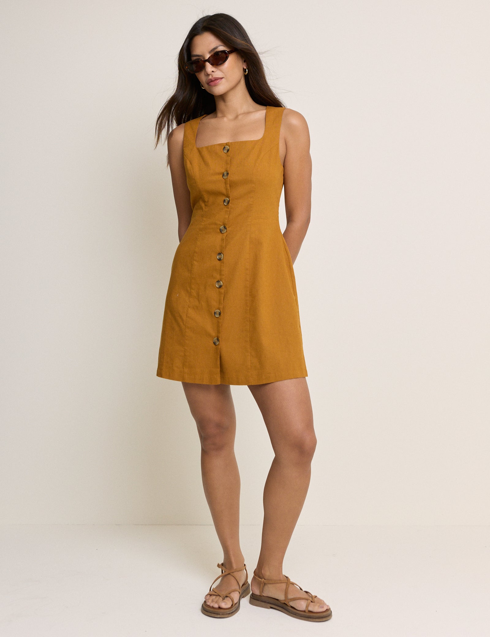 Mustard linen blend mini shift dress.