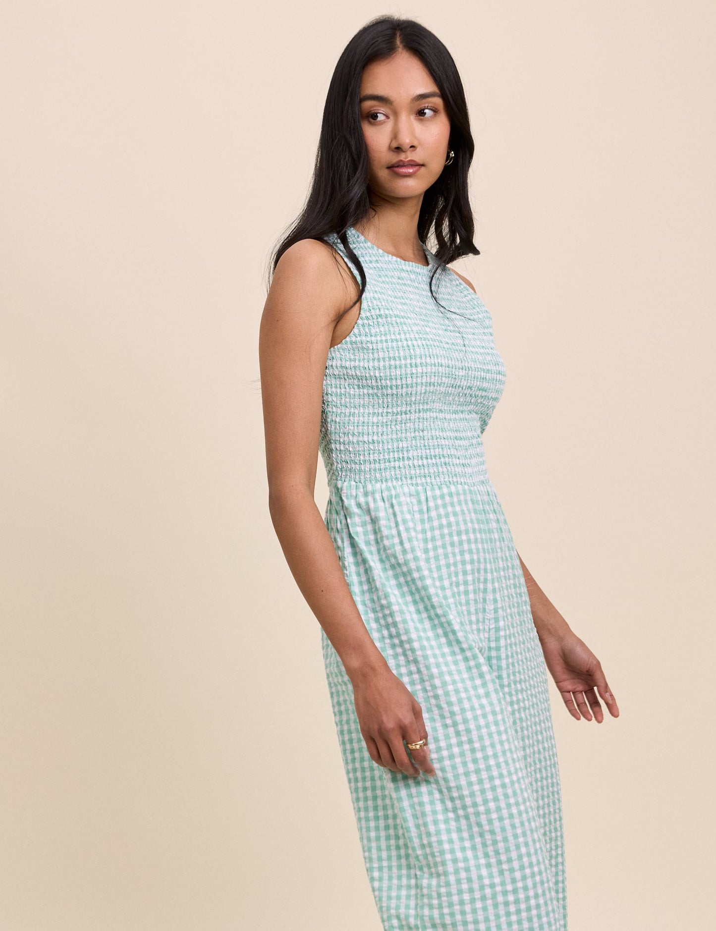 Mint green gingham seersucker wide leg jumpsuit.