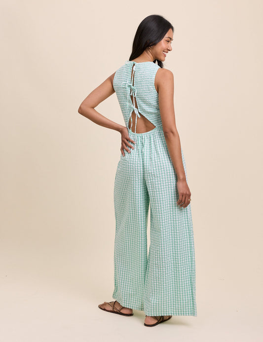 Mint green gingham seersucker jumpsuit.