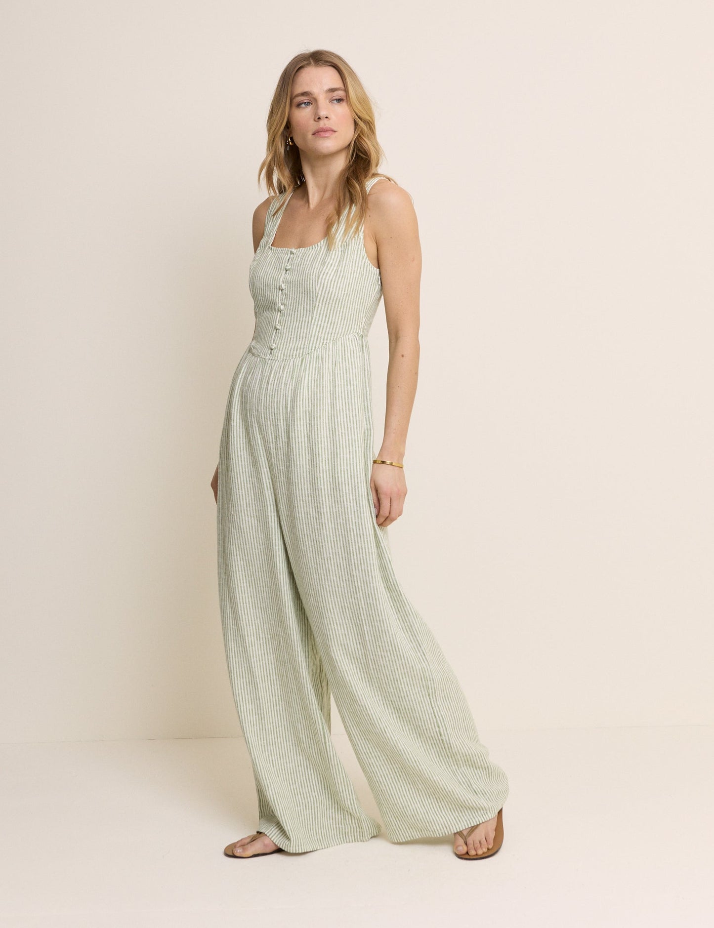 Green Pinstriped Linen-Blend Cora Jumpsuit