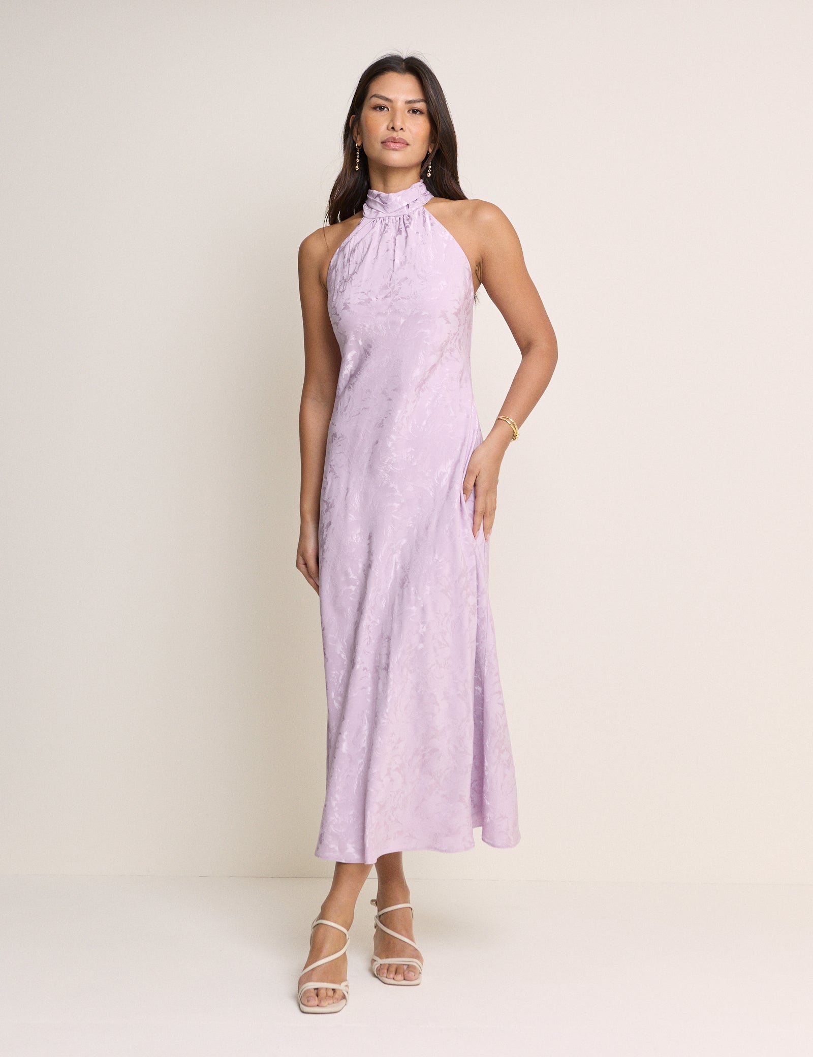 Lilac jacquard halterneck dress.