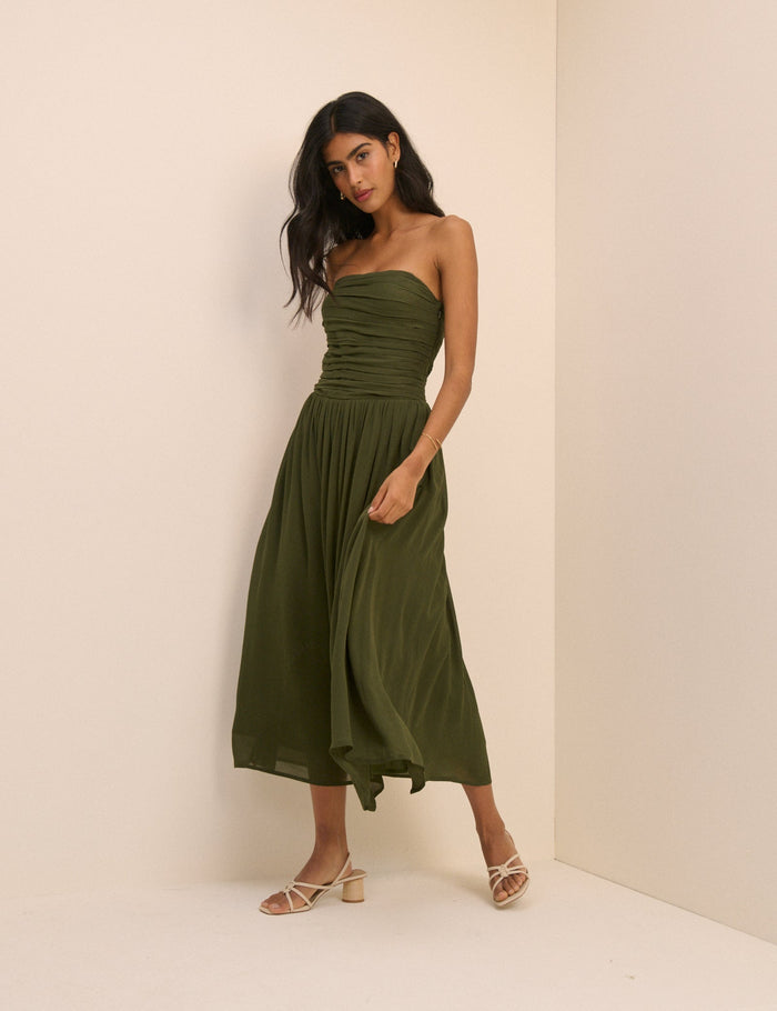 Khaki ruched bodice bandeau midi dress.