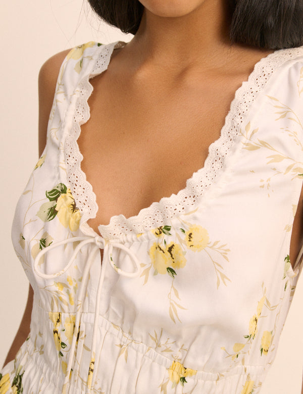 White Floral Shirred Sleeveless Isabella Midi Dress
