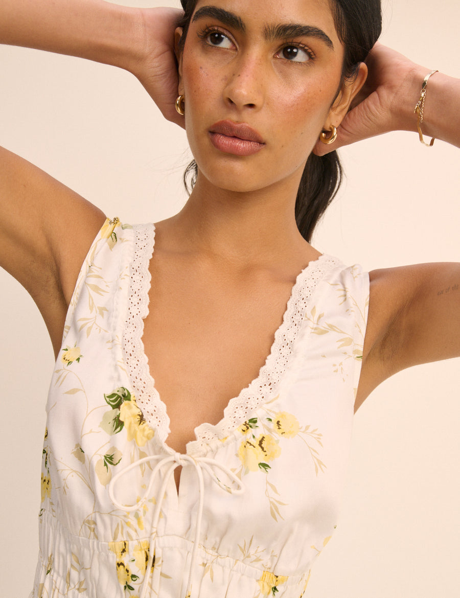 White Floral Shirred Sleeveless Isabella Midi Dress