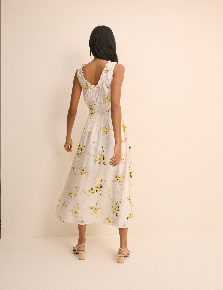 White Floral Shirred Sleeveless Isabella Midi Dress
