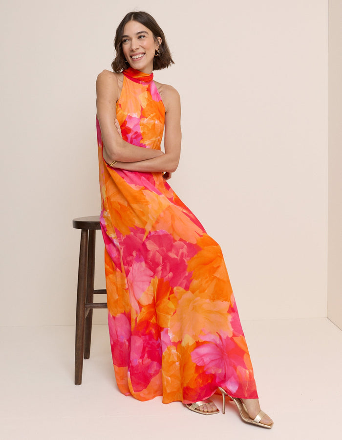 Pink and Orange Floral Halterneck Nala Maxi Dress