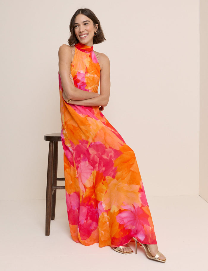 Orange and pink abstract pattern maxi dress.