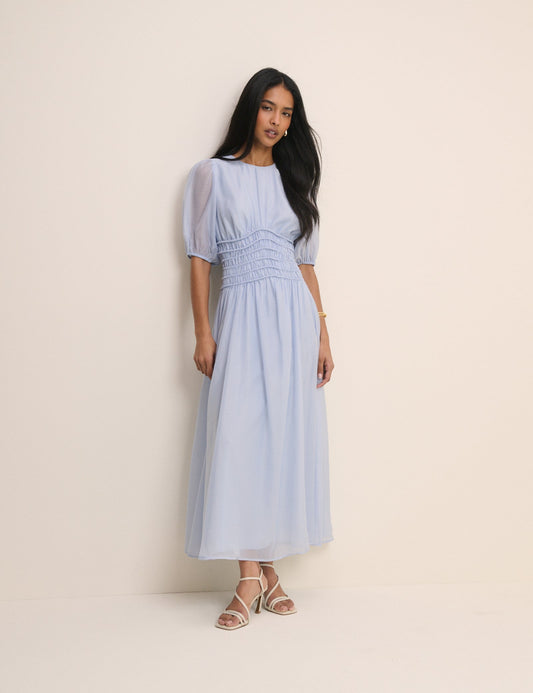 Light blue chiffon midi dress.