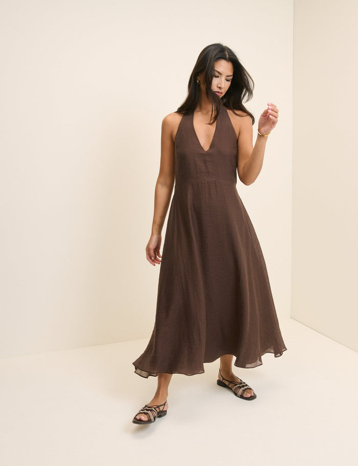 Chocolate brown halterneck dress.