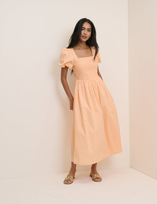 Peach puff sleeve regenerative cotton midi dress.