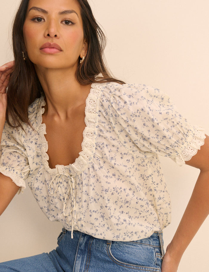 Ivory lace blouse with blue floral ditsy print.