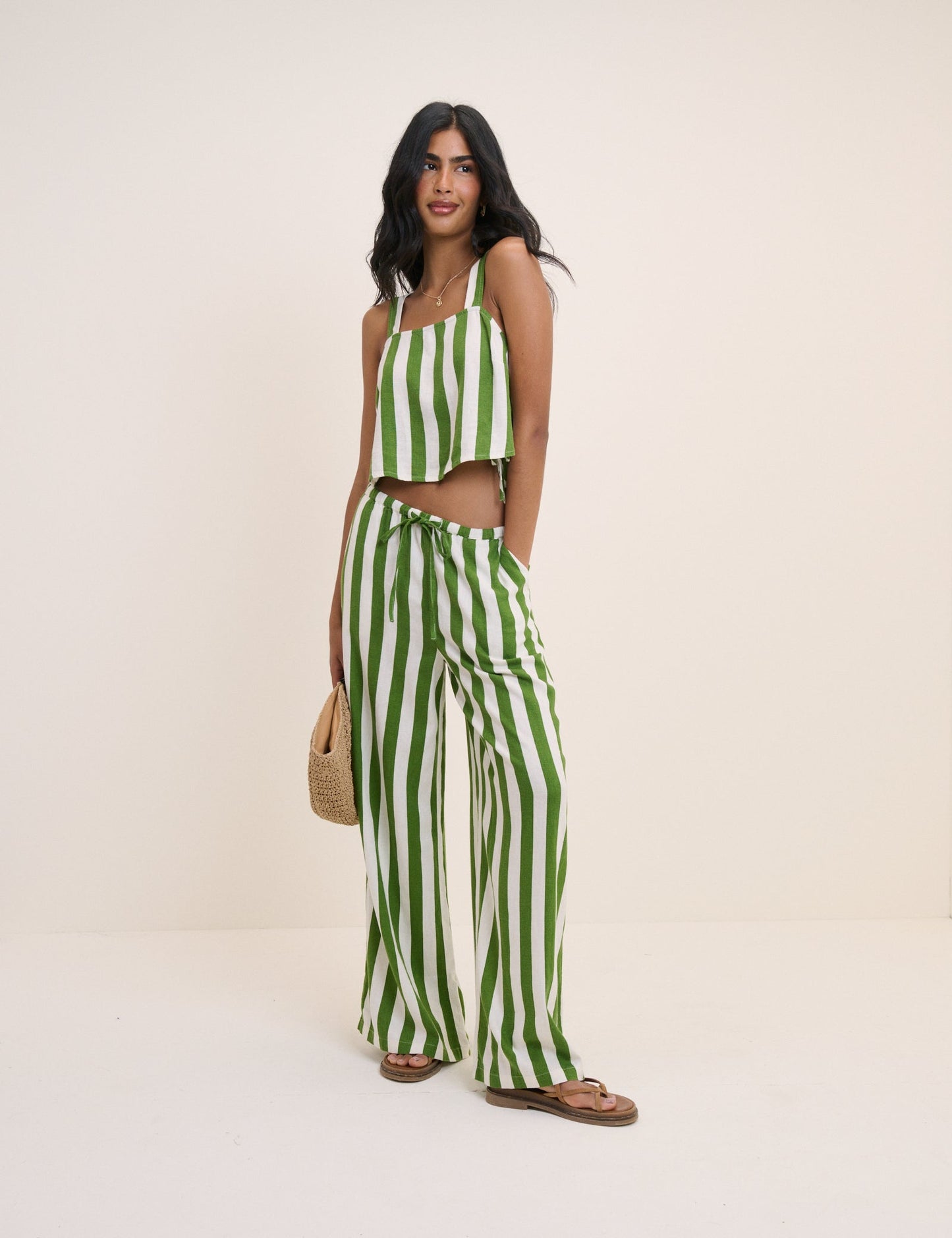 Green Striped Linen-Blend Swing Top