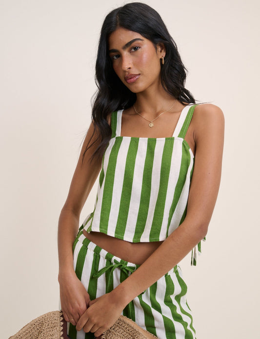 Green and white striped linen swing top.