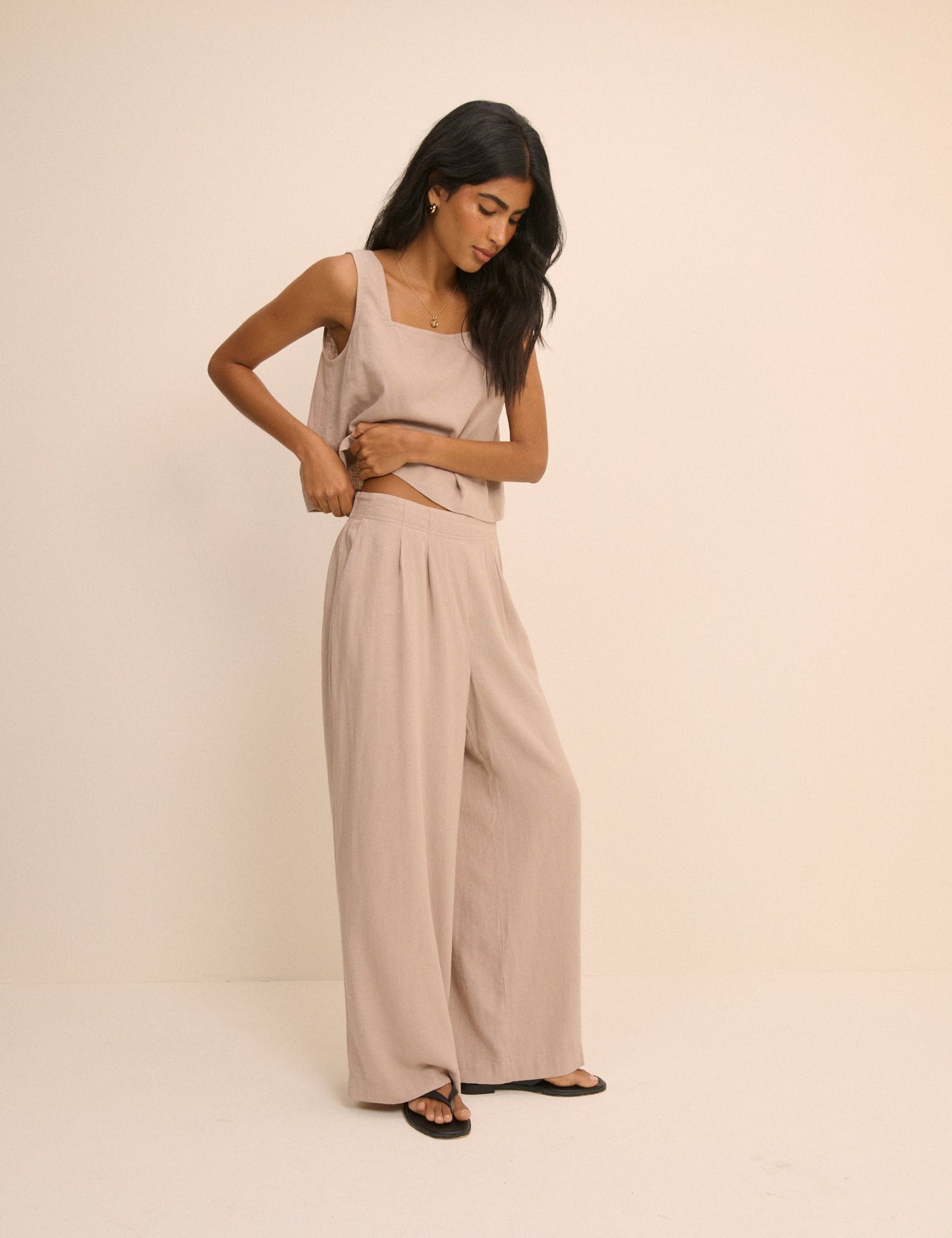 Sand Linen-Blend Silsoe Clean Wide Leg Trousers