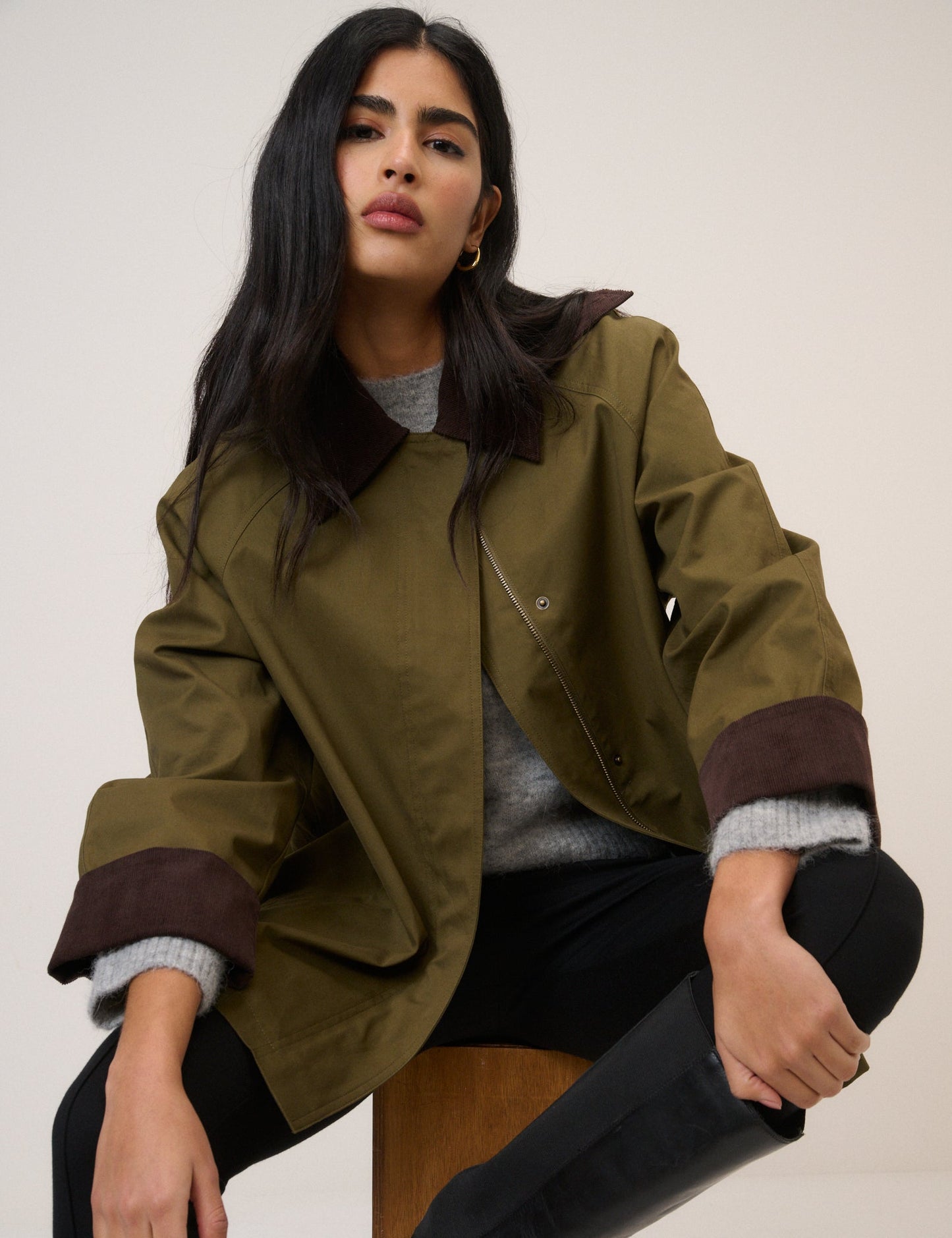Khaki barn jacket with brown corduroy collar and cuffs.
