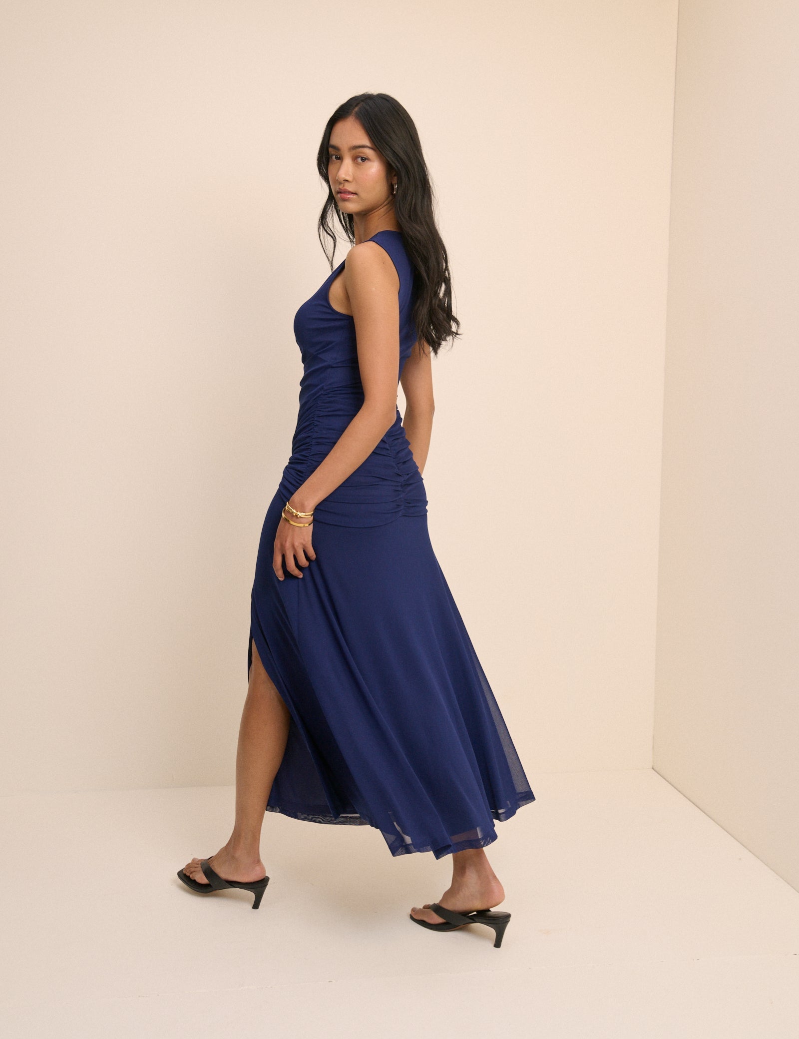 ready and ruched mesh midi dress blue Mesh Sweetheart Neckline Ruched Long Sleeve Midi Dress
